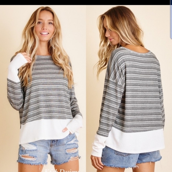 K FAB DESIGNS Casual Black and White Strip Top w/Contrast - Picture 3 of 5